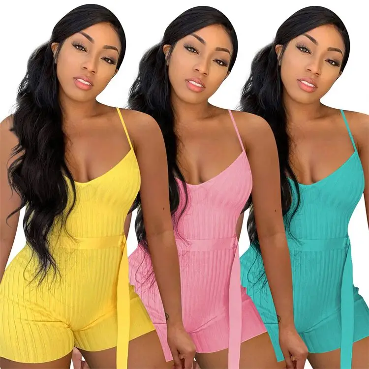 

MOEN Hot Sale Solid Color Suspender Rib Fabric Women Casual Bodycon One Piece Jumpsuits Short Rompers With Belt