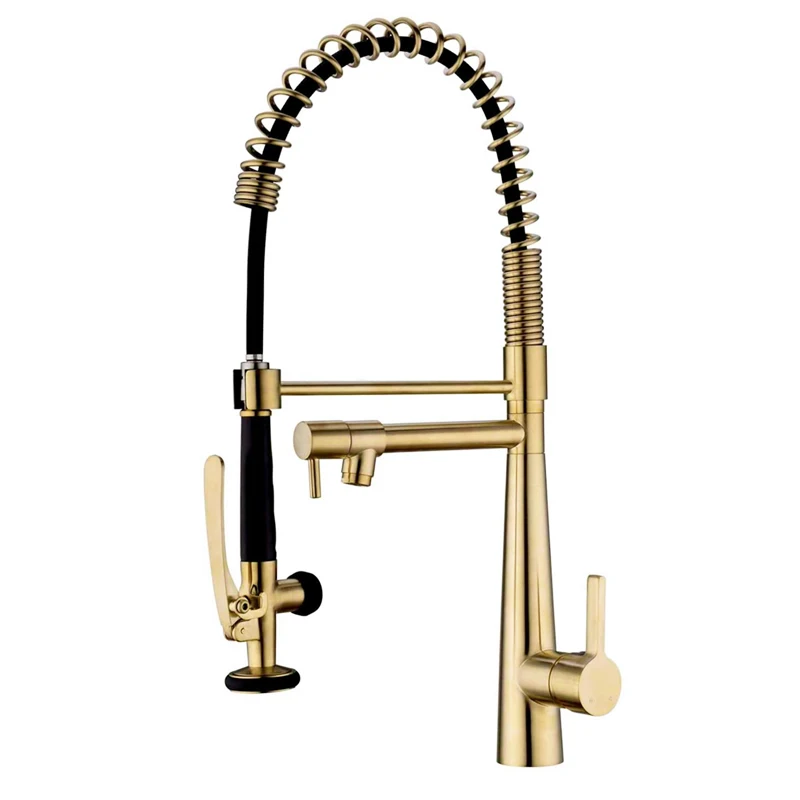 

Commercial Brushed Gold Spring Single Handle Brass Kitchen sink Faucet with Pull Down Sprayer and Pot Filler