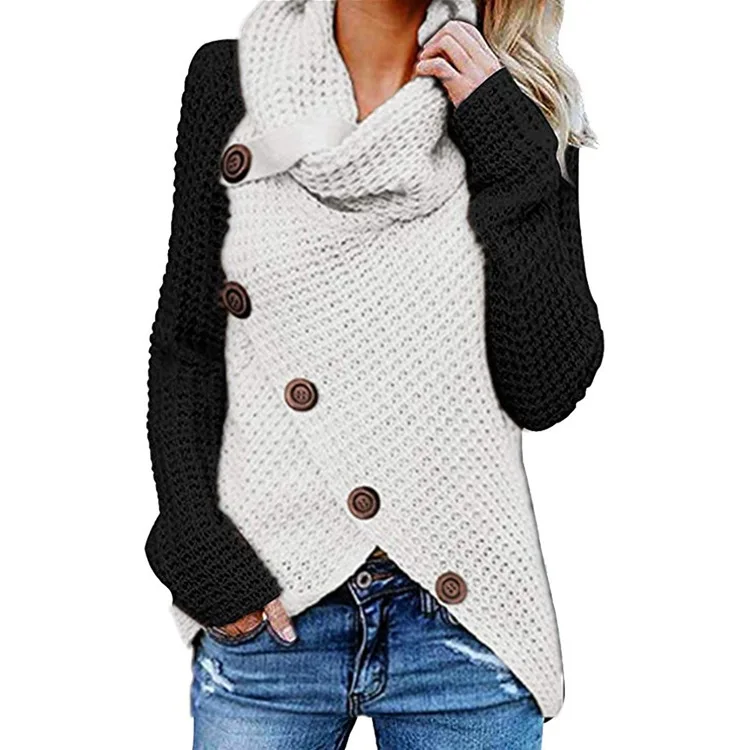 

Turtlenecks cardigans plus size women long sleeve buttons irregular knitted pullover Scarf Collar woman sweater, Picture shows