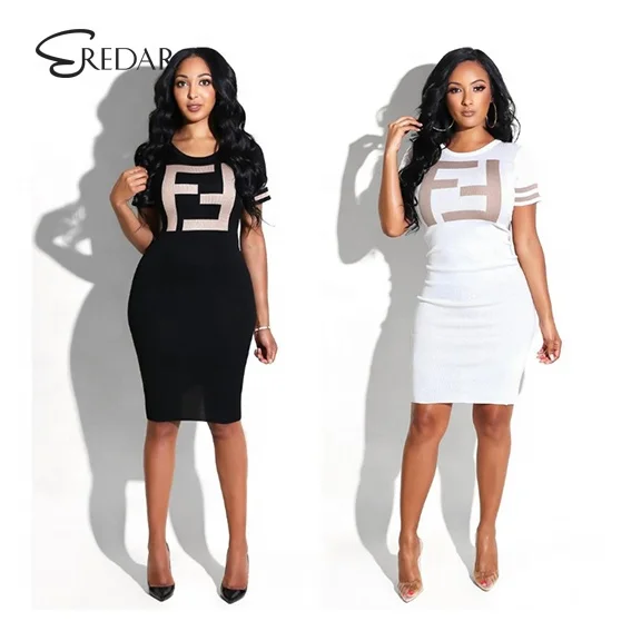 

Top Women Casual Short Sleeve Office Lady Work Dress F Letters Skinny Length Designer Dresses, As pictures& customized