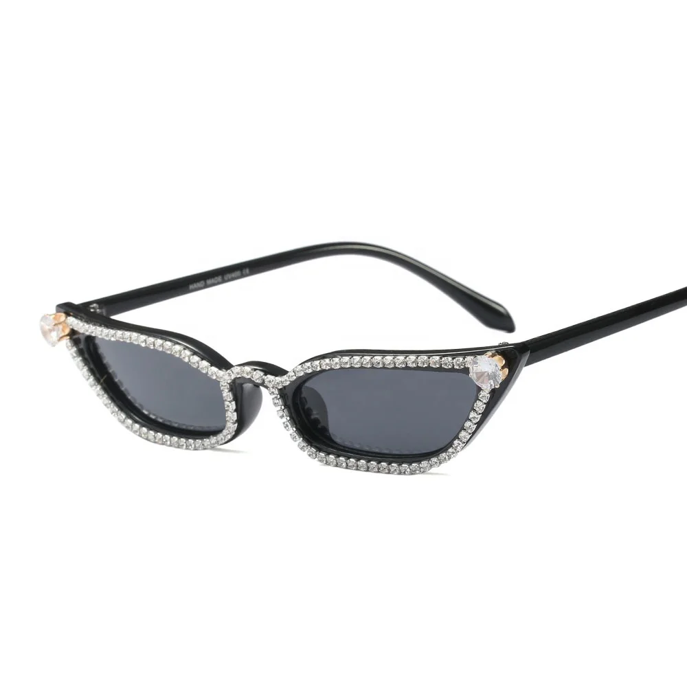 

High quality fashion black narrow frame ladies women vintage retro small rectangle rhinestone sun glasses sunglasses