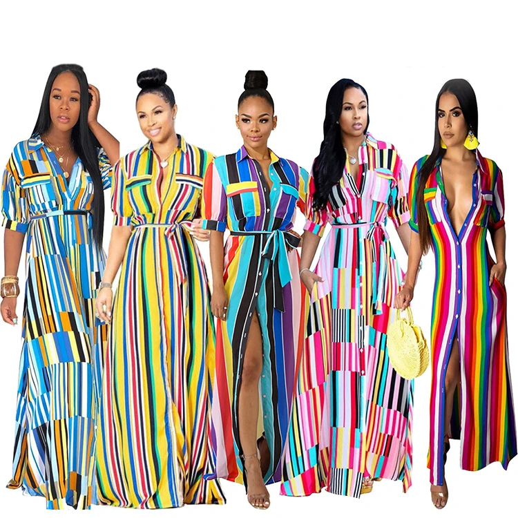 

women casual fashion button front strip long maxi dress
