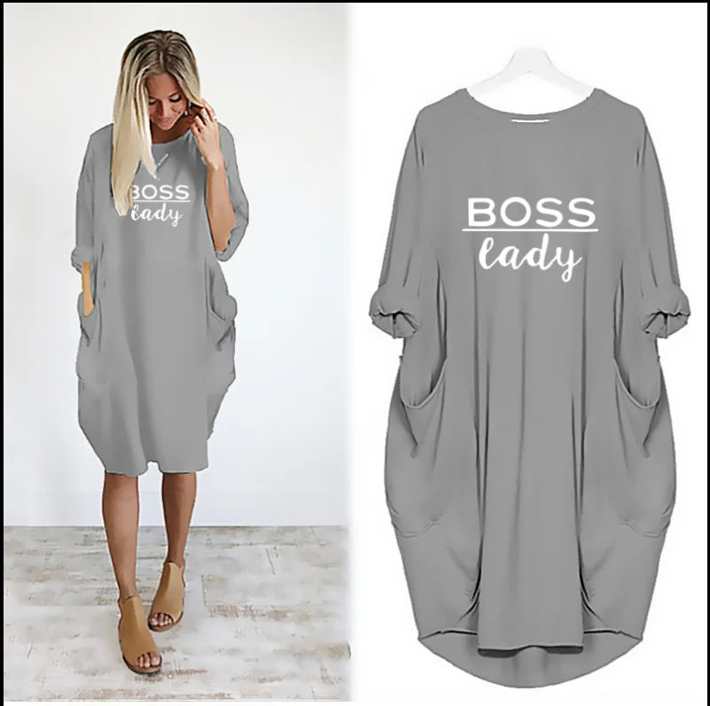Fat People Letter Boss Lady Printing Pocket Loose Dresses Oversized 
