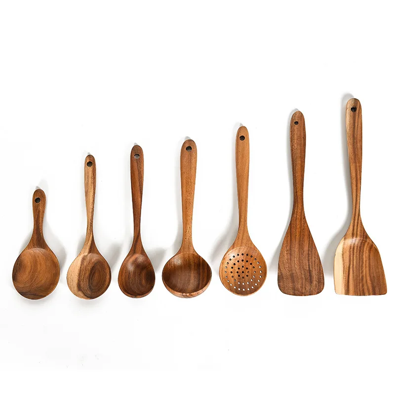 

Hot Selling High Quality 7pcs Teak Wood Kitchen Set Natural Teak wood Dinnerware Sets For Kitchen Utensil Wooden Spoon, Natural color