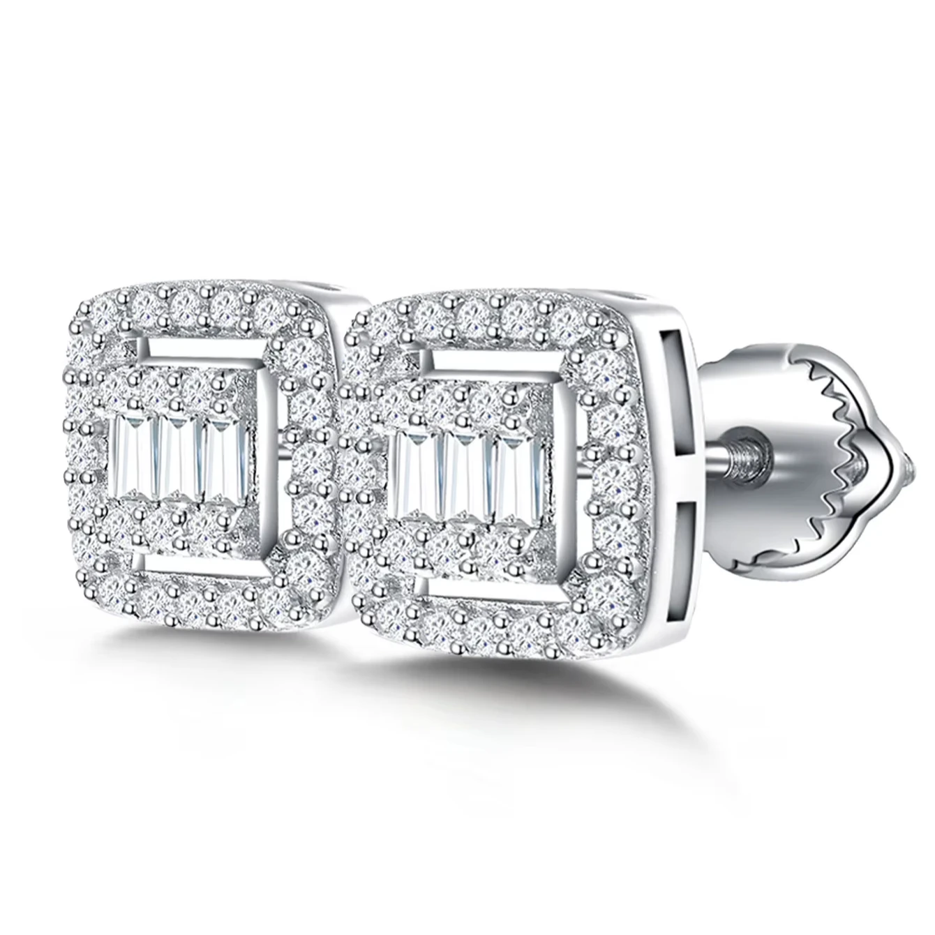 Wholesale Hip Hop Jewelry Square Shape Micro Pave Moissanite 925 Sterling Silver Stud Earrings for Men Women