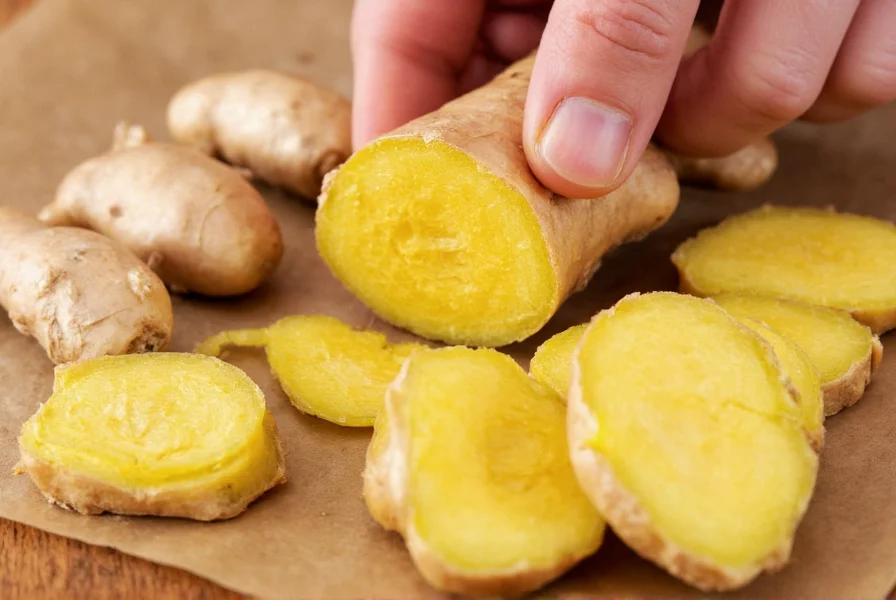 Fresh ginger root being sliced for tea preparation showing the fibrous interior and golden color