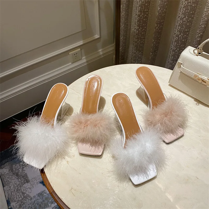 

Dropshipping popular ladies heels square toe heeled sandals luxury fur heels for women