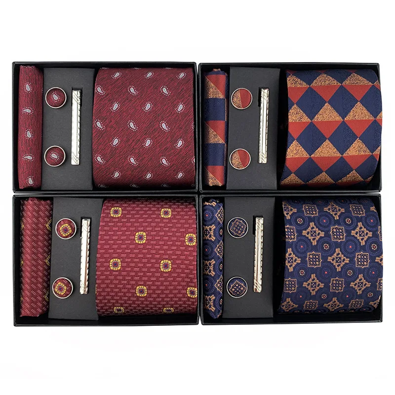 

Business Men Silk Tie 2023 New Design Men Ties and Hanky Pocket Square Set Luxury Neck Ties For Men Necktie Cufflinks Box Set