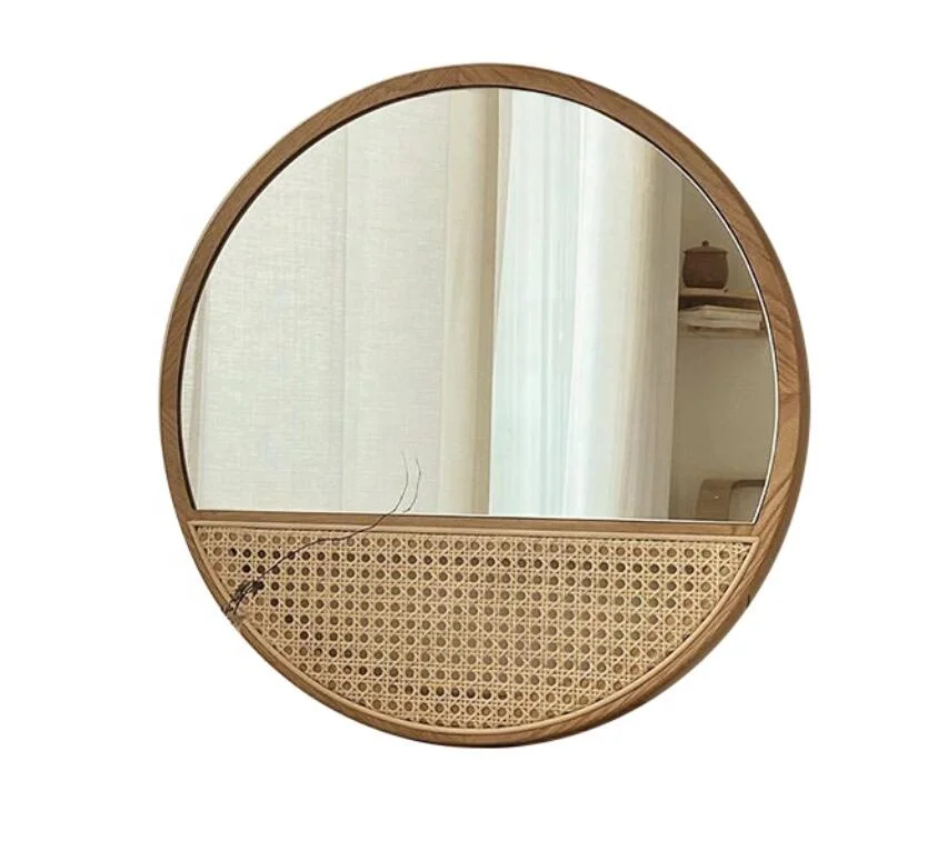 

SWT Ins Amazon Hot Large Wooden Round Wall Mounted Rattan Mirror For Home Decoration