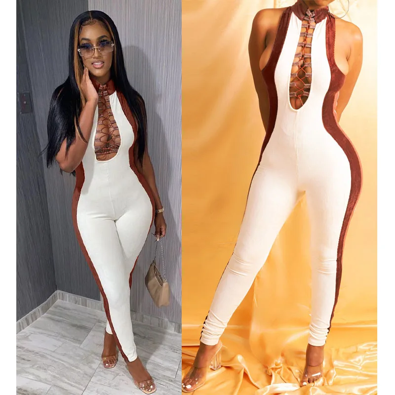 

Free Shipping Fashion Women Jumpsuits Casual Solid Sleeveless jumpsuits V-Neck bandage Slim Jumpsuit, Customized color