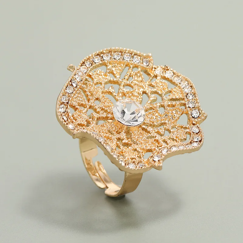 

Hot Selling Luxury Hollow Flower Shape Gold Plated Diamond Adjustable Women Ring For Party Jewelry