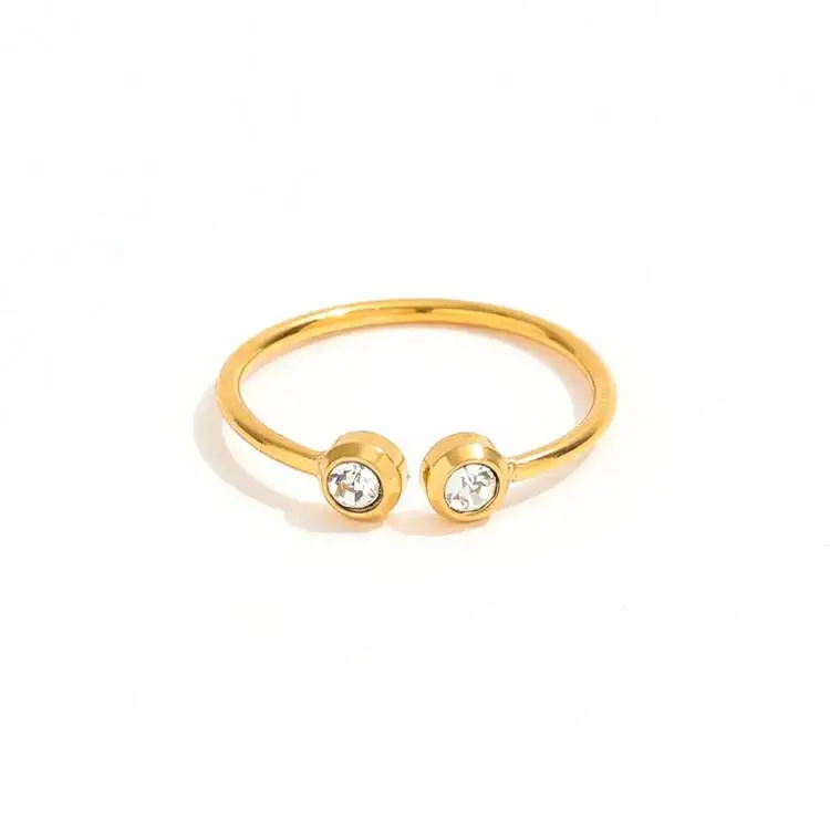 Joolim High End 18K Gold Plated Stainless Steel Lines Double Dainty Zirconia Open Rings for Women Finger Ring Wholesale