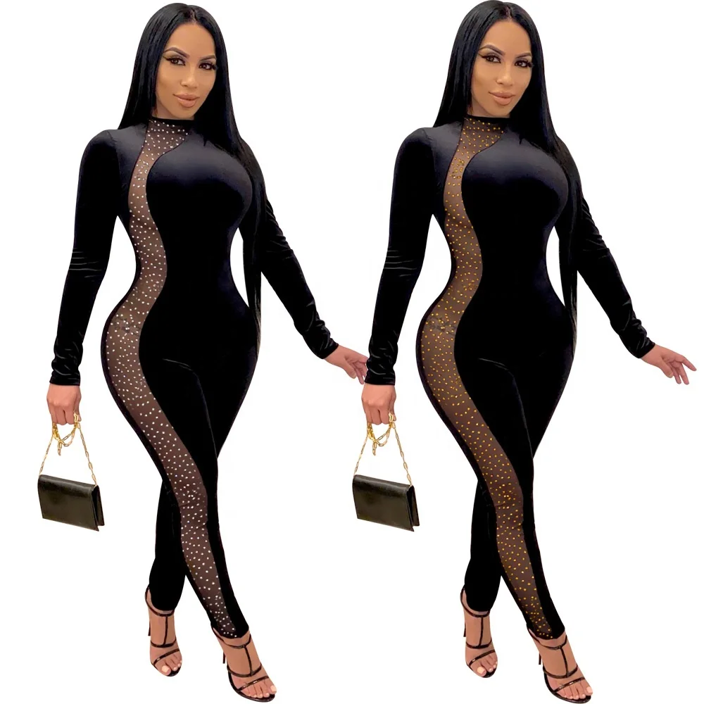 

Hot White Side Perspective Sequin Jumpsuit Woman Sexy Tight Club Velvet Mesh Jumpsuit