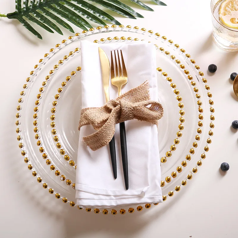 

P548 Electroplated Phnom Penh Beads Point Plate Western Decoration Plate Home Transparent Thickened Charger Plates Gold, White color