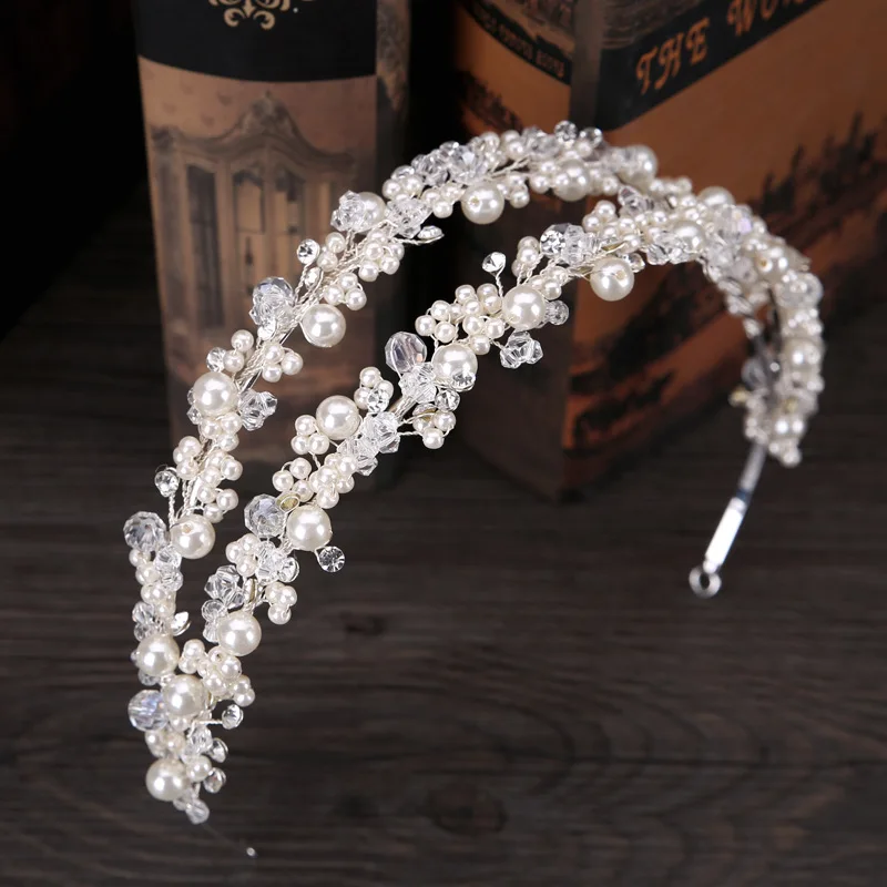 

Handmade Hair Accessories Tiara Bridal Jewelry Vine Wedding Crystal Stone Headbands Double Row Headband For Long Hai, White
