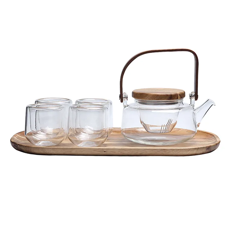 

Diyue Homeware DIY208203 Heatable Glass Tea Coffee Pot Cups Acacia Wood tray Plates Gift Sets Home Living Tea Kettle Cup Set