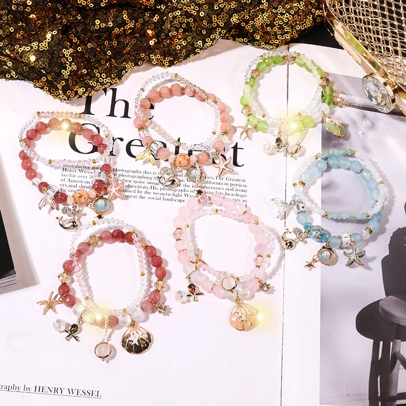 

DIY Crystal Beaded Bracelet for Girls and Women Shell Bead Love Pendant Charm Bracelets Factory Wholesale Charm Bracelet, Golden