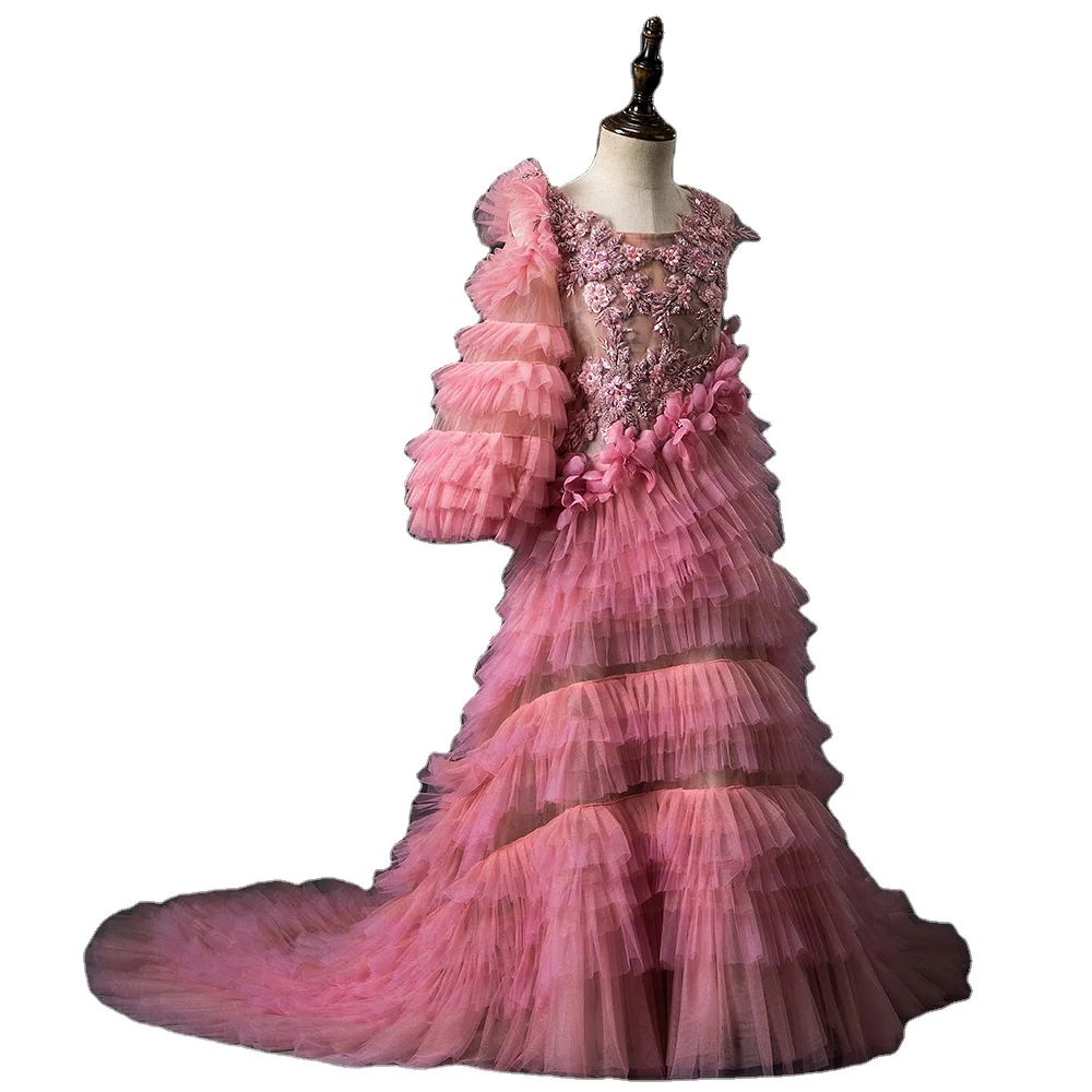 

New Arrival Long Tulle Flower Girl Dresses With Beaded Lace Appliques Party Gowns, Picture color