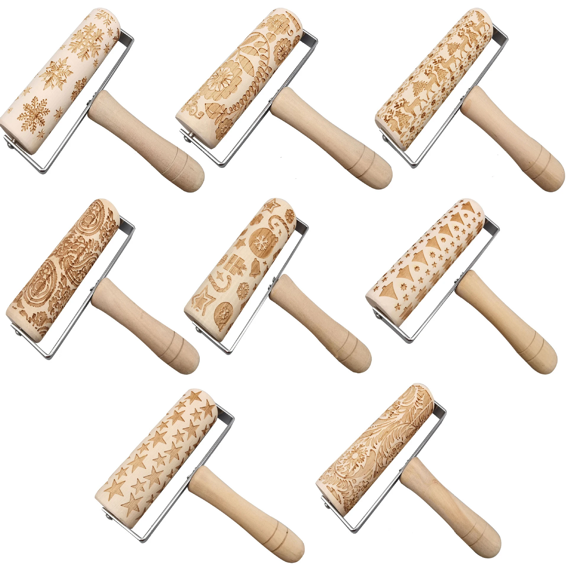 

hot selling baking tools cookie roller wooden embossed mini small wooden christmas print olive wood rolling pin