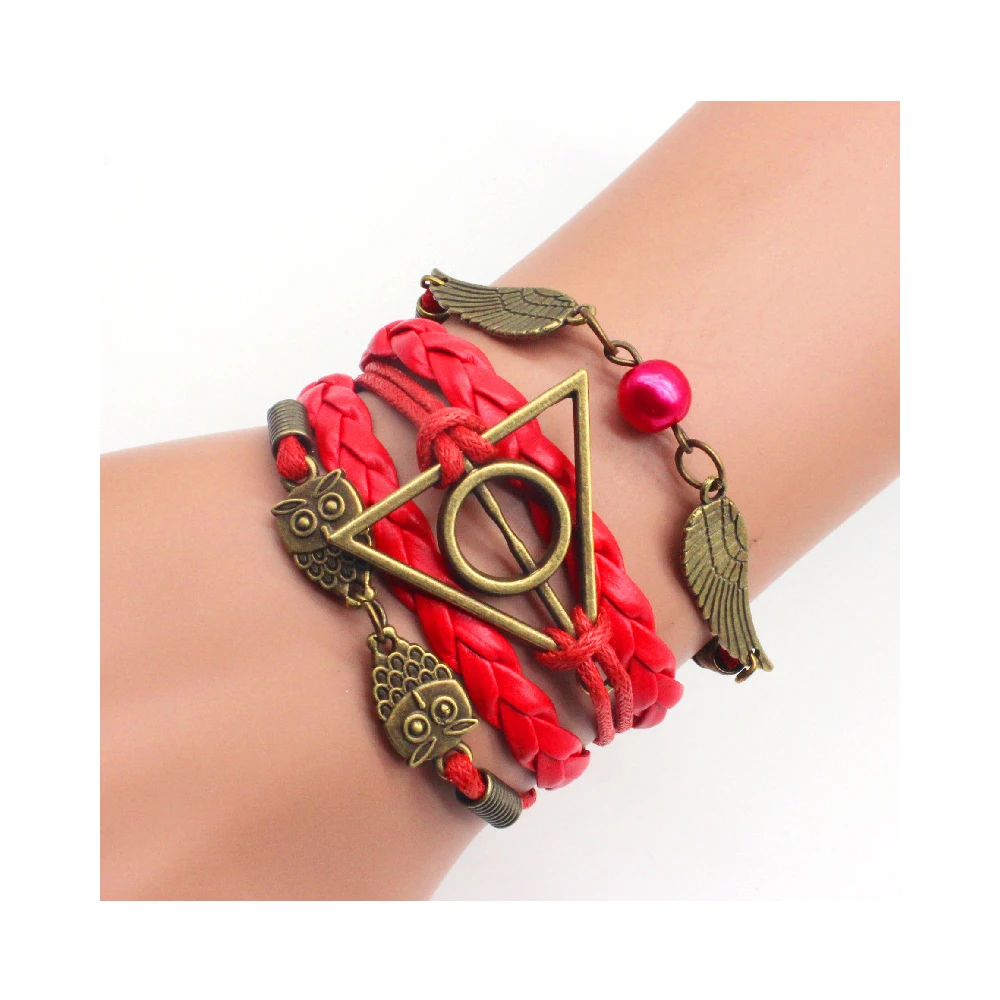 

Top Sale Popular Movie Bracelet Vintage Leather Rope Hand-woven Deathly Hallows Triangle Owl Wing Wax Rope Bracelet, Picture shows