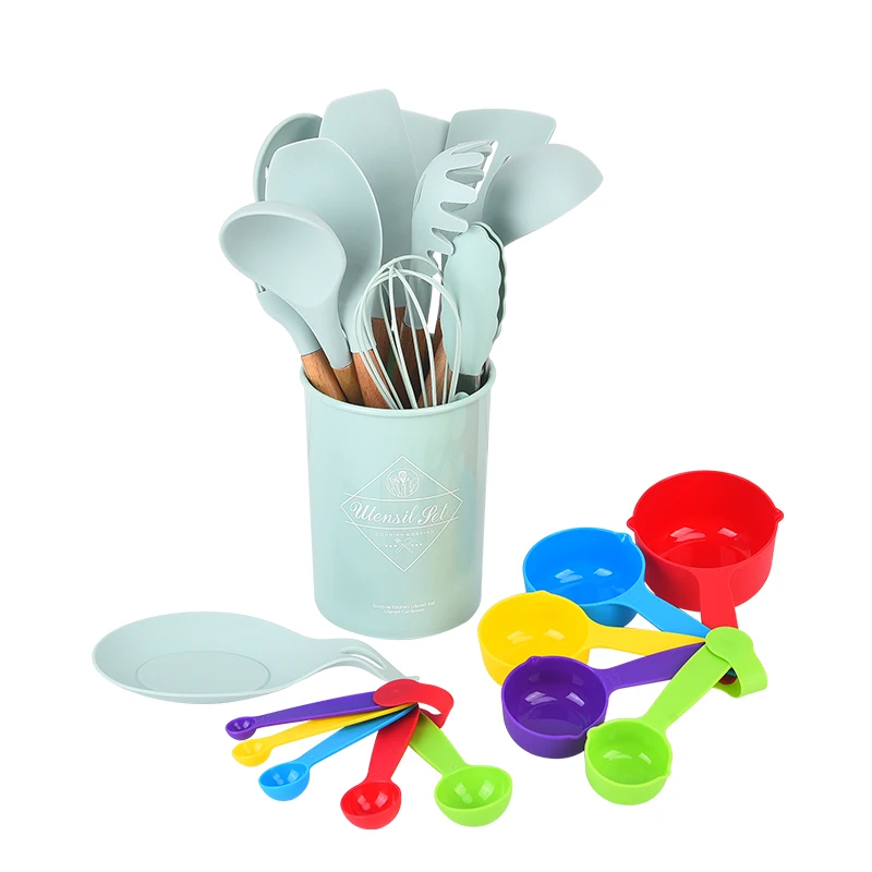 

Ready to ship items other kitchen appliances cheap matte black 12pcs silicone kitchen ware utensils set wooden handle