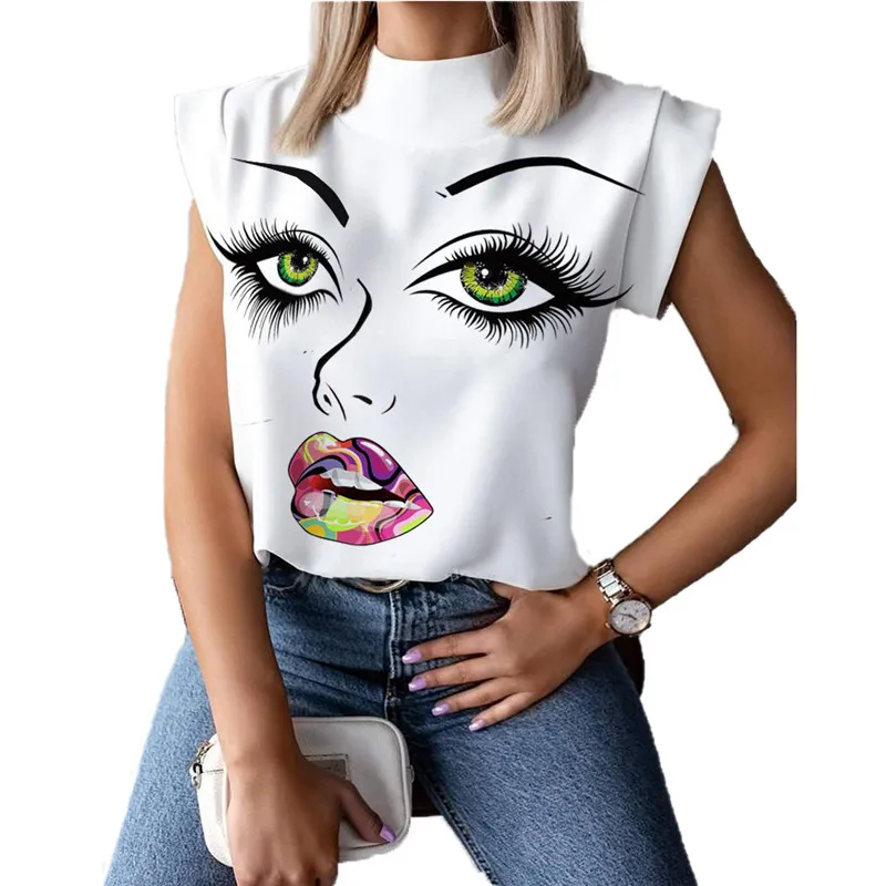 

Women's summer simple stand collar lips print ladies shirt top