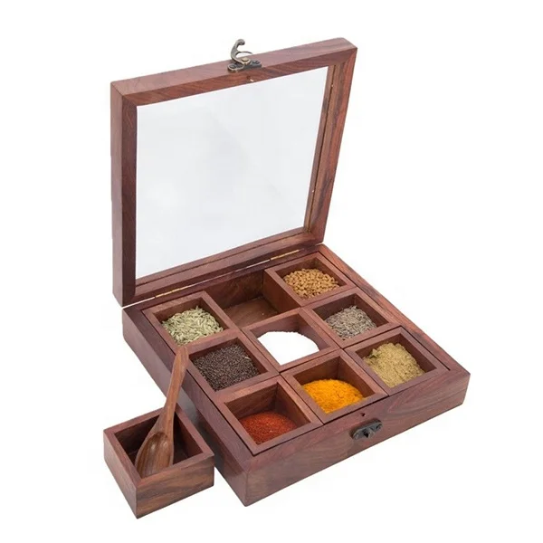 
Masala Box DabbaLock Wooden Spice Rack ContainerUtility Box Hand Crafted Square Spice Box  (60668263350)