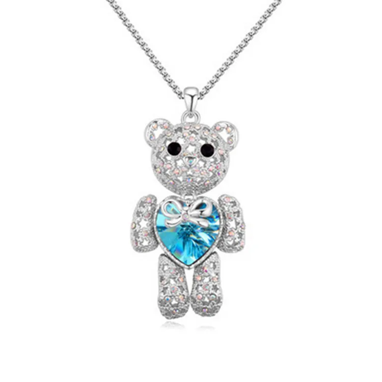 

Couple Gift Gold Plated Dainty Crystal Sweater Chain Necklace Love Heart Teddy Bear Necklace