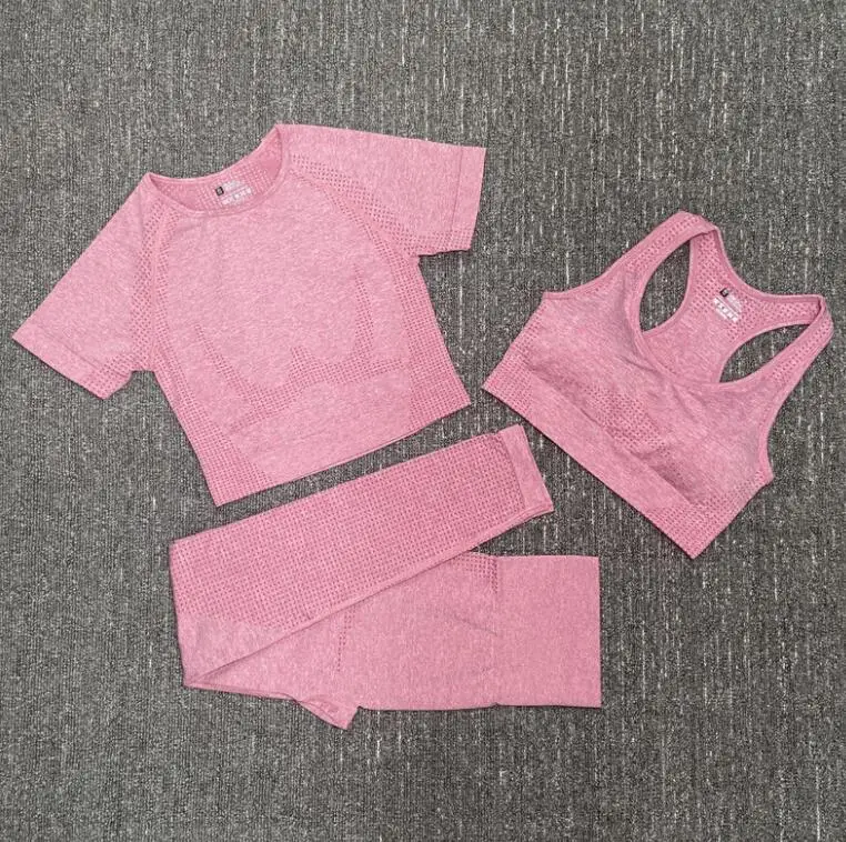 

Women Fitness Clothing 3 Pcs Set Seamless Sports Cropped Top And Yoga Leggings Gym yoga Set Sport Suit For Women Workout, Picture shown