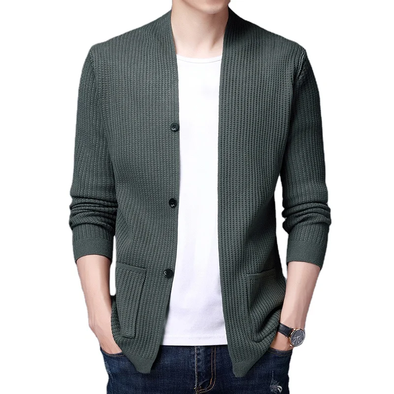 

Wholesale New arrival Man's open front loose fit v neck button knit thin jacket, Black and grey