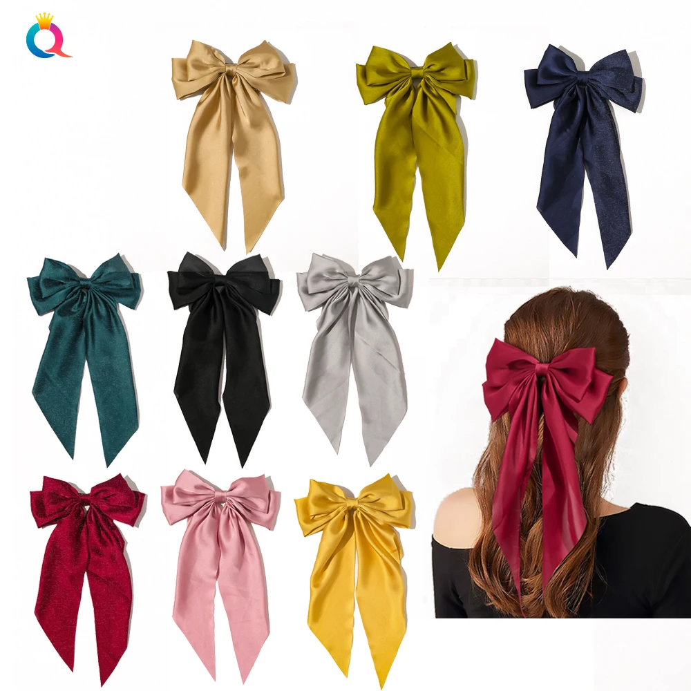 women hair ribbon bow knot pure color satin hair bow with metal hair clip