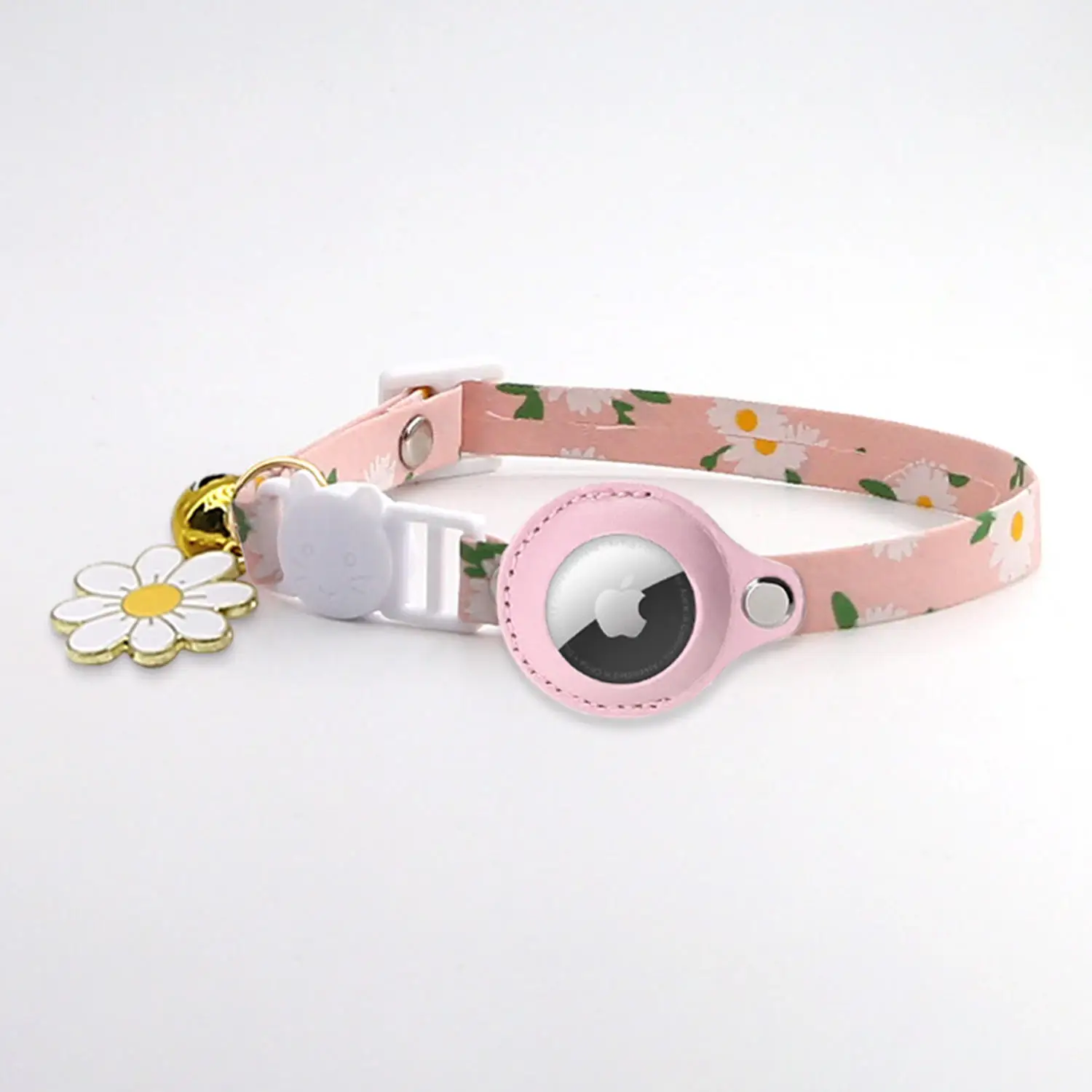 

Cute Printed Polyester Ribbon Quick Release Buckle Adjustable Cat Kitten Collars Airtag Holder with Small Bell and Flower