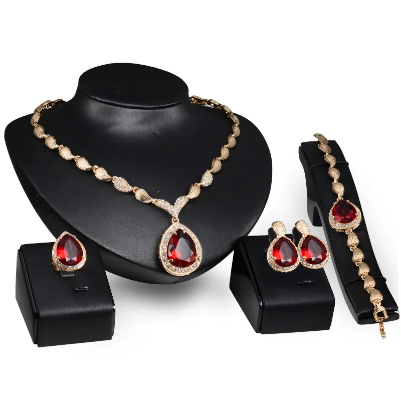 

Shangjie OEM kalung aretes Beautiful Water Drop Jewelry Set Luxury Necklace&Bracelet Women Dimond Wedding Jewelry Set, Red rhinestone