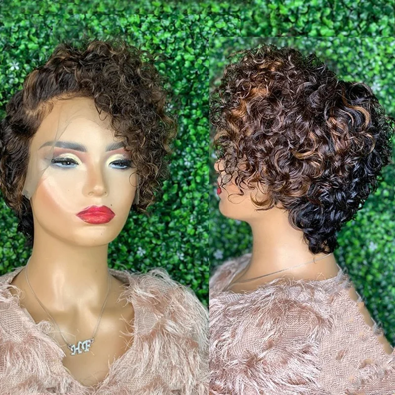 

Swiss Lace No Tangle Ombre Brown Color Curly Pixie Cut Bob Virgin Full Cuticle Aligned Hair Lace Front Wigs