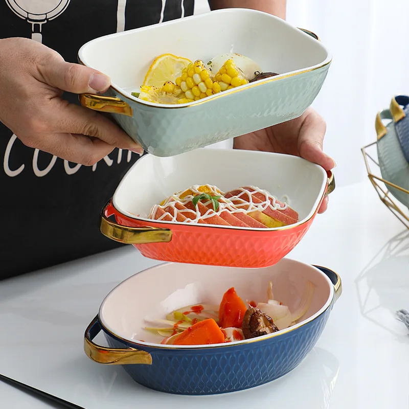 

Nordic Ceramic Baking Pan Binaural Bakeware Microwave Oven Ceramic Baking Dishes & Pans Dinner Plate, Blue/orange/green