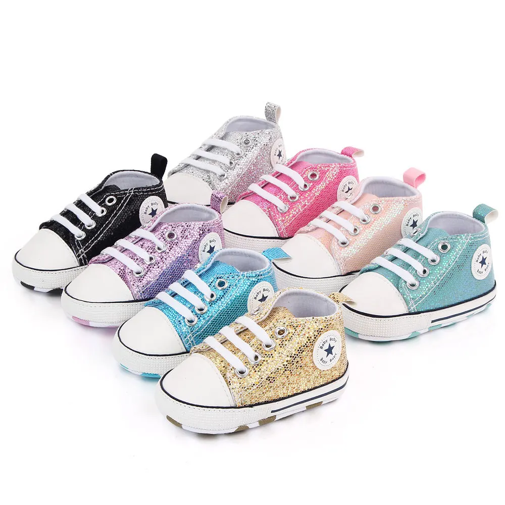 

New Style Sequin Canvas Baby Sneakers Shoes Lace Up Walking Shoes Soft Sole House Shoes, Black/green/blue/purple/gold/silver/plum/pink