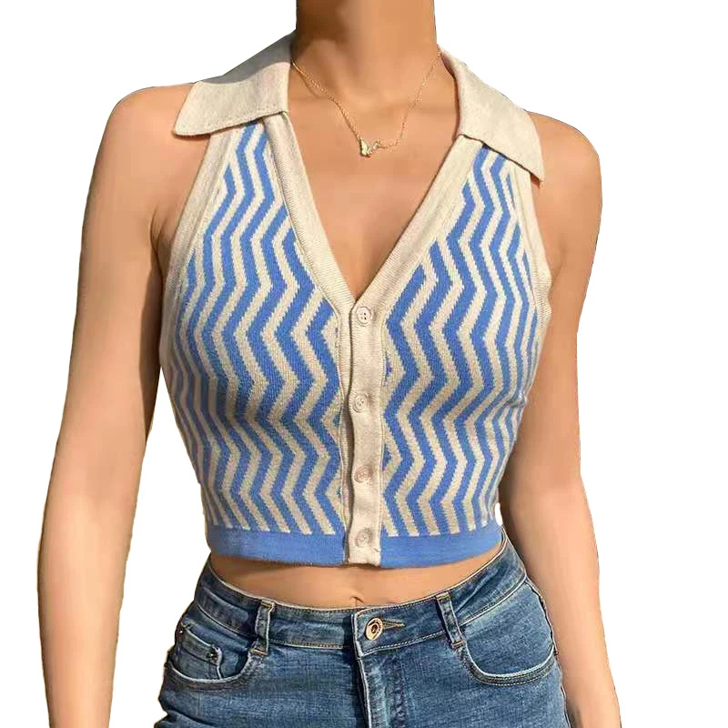 

summer y2k style stripe halter knitting Button sweater jacket women V-neck backless crop top tee, Customized color