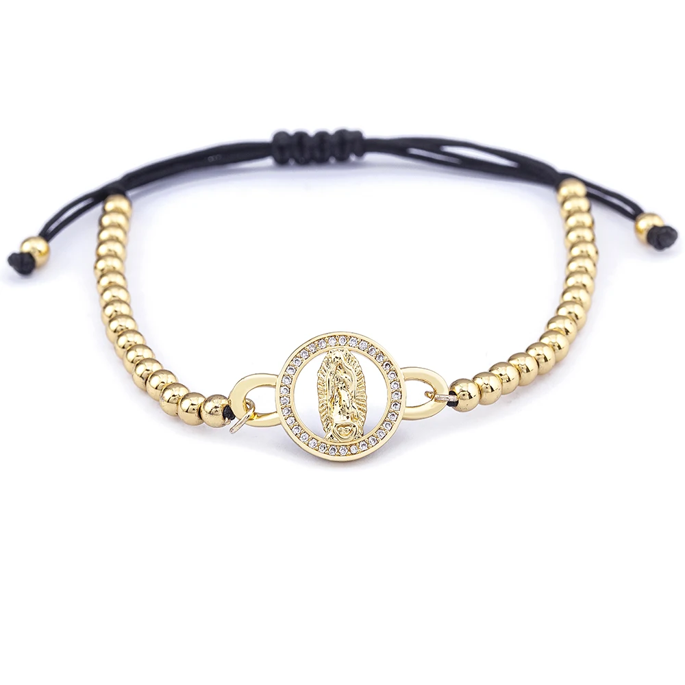 

Religious Gold Plated Virgin Mary Bead Bracelet Adjustable Rope Handmade Woven Braided Crystal Jewelry Gift for Christian