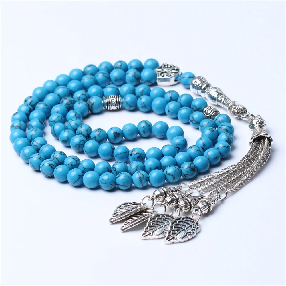 

Wholesale Blue Turquoise Synthetic Stone Muslim Rosary 33 beads Tasbih Silver Leaf Tassel Subha Islamic Tespih Prayer Beads