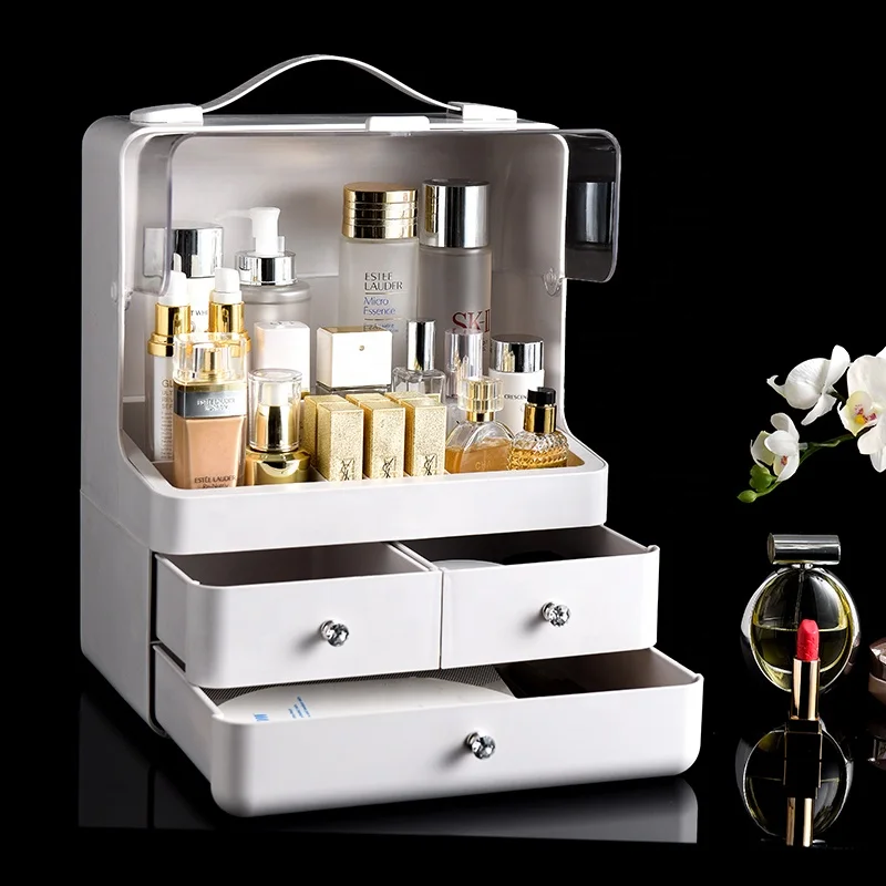 

Multifunction Portable Waterproof Plastic Ornament Lipstick Beauty Cosmetic Organizer Storage Makeup Box, Ivory white