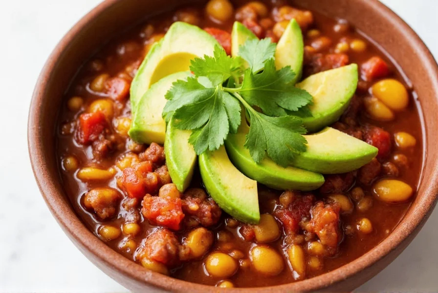 Colorful bowl of vegetarian WW chili with avocado and cilantro garnish