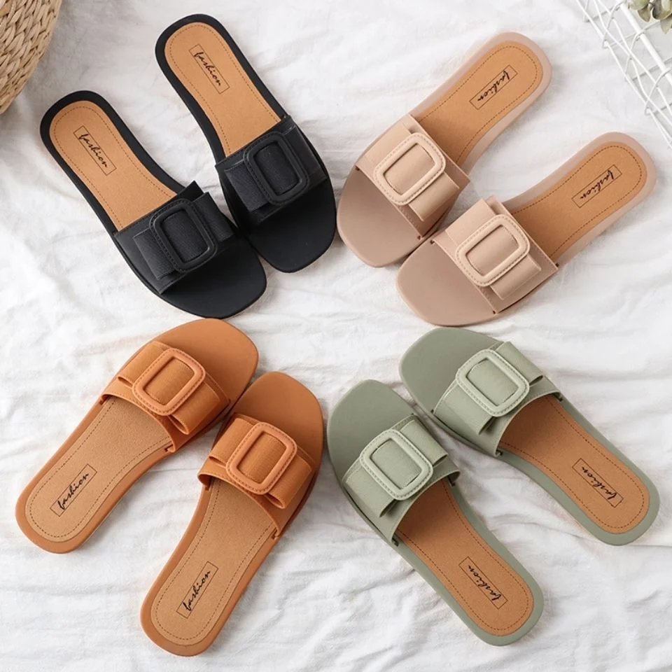 

PVC square bow flat slippers sandals 1176-6, Black,green,brown,khaki