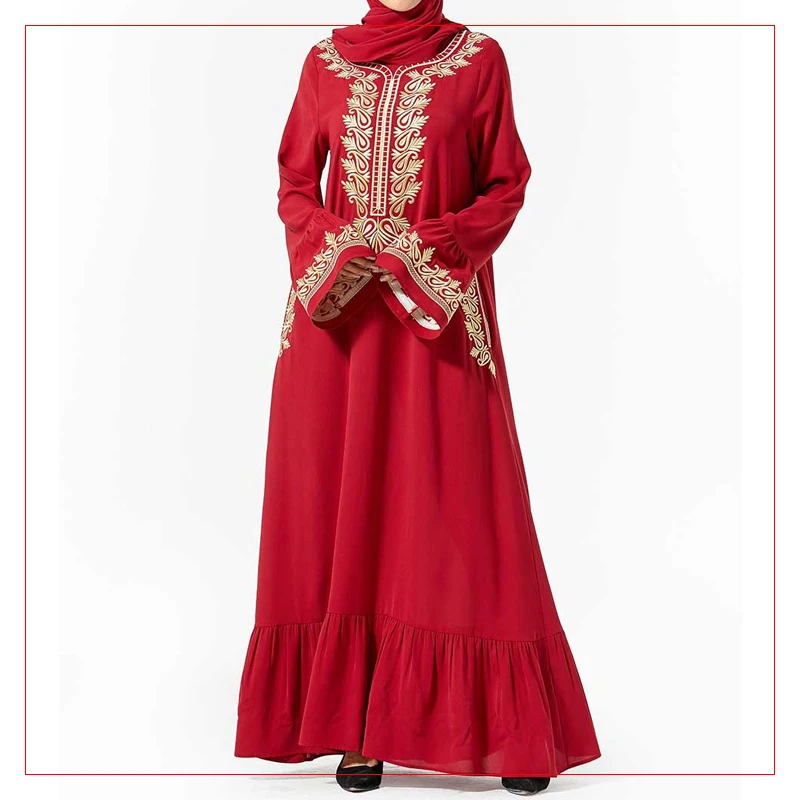 

Muslim dignified Dubai abaya dress embroidered Pocket Trumpet sleeve large swing style dress