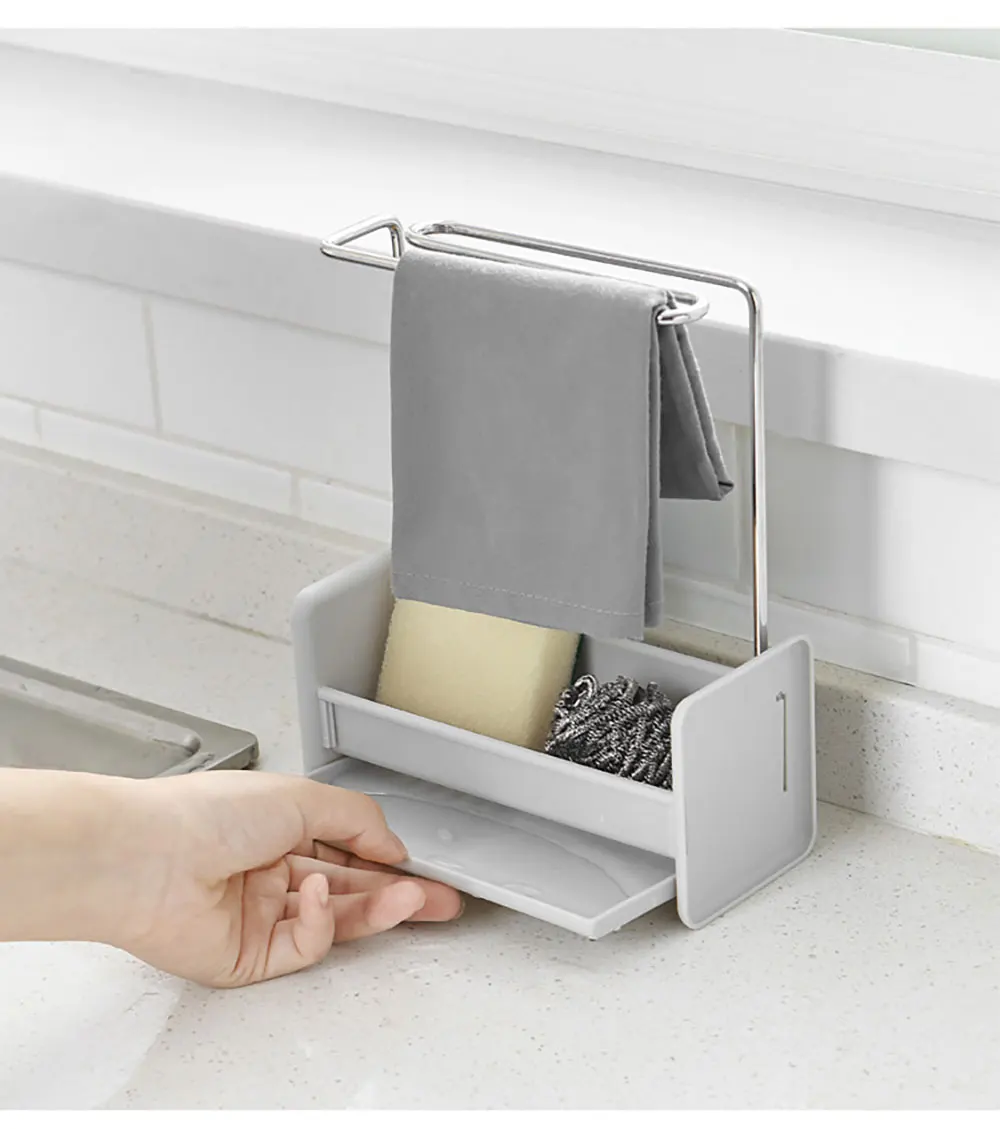 

Kitchen Soap Rack Sponge Brush Holder with Dishcloth Drying Rack Kitchen Sink Caddy Organizer with Removable Drain Tray, Grey