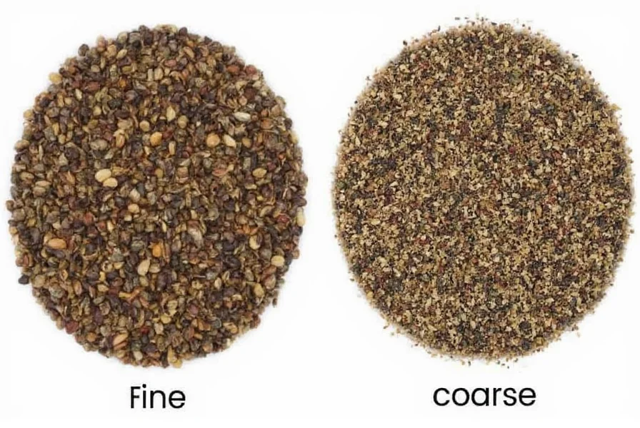 Side-by-side comparison of pepper grind textures from fine to coarse settings on automatic pepper grinder