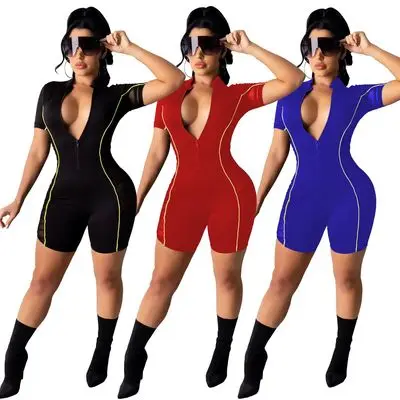 

2021 New Summer Women Mesh See Through Jumpsuit Ladies Patchwork Short Sleeve Bodysuit Women v-neck vest Zipper Short Romper