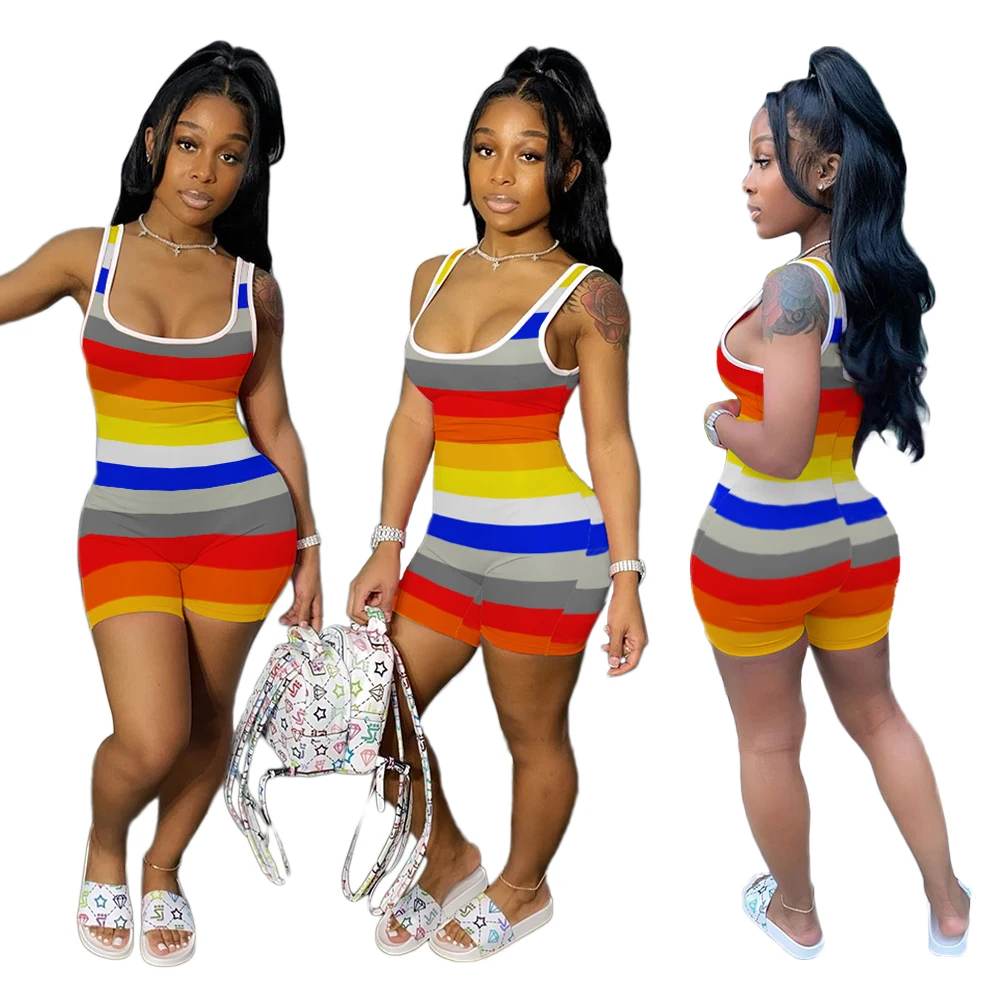 

SH7188 new sexy women's color stripe casual Jumpsuit Plus Size Summer Women One Piece Jumpsuit Stacked Pants Bodycon