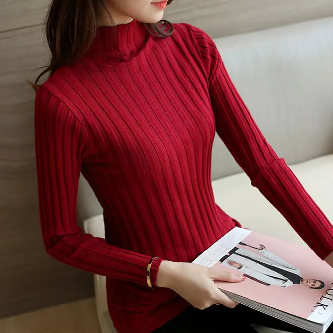 

Wholesale Ladies Solid Color Turtleneck Sweater Knit Pullover High Stretch Slim Fit Sweater Pullover