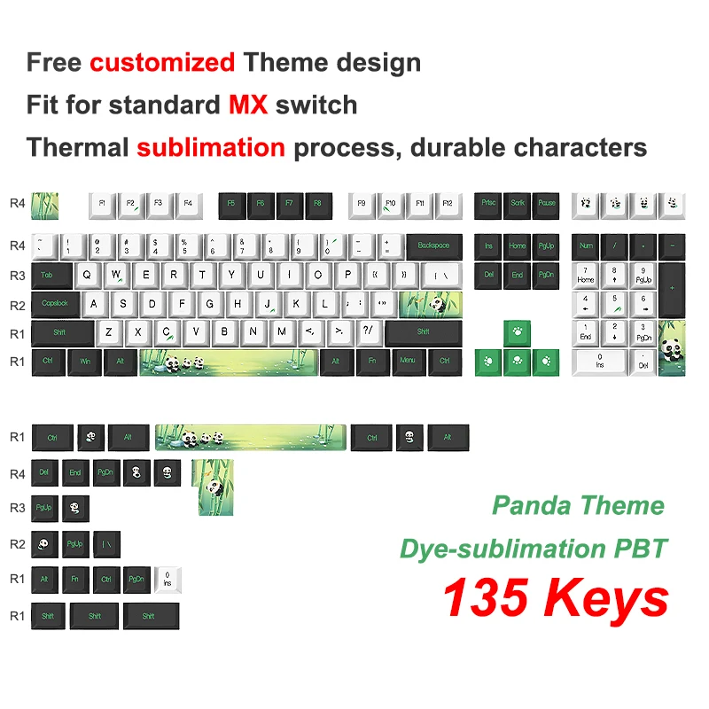 

2023 dropshipping Panda Bamboo Dye Sublimation PBT printed 135 legends keycaps DIY for Cherry MX switch mechanical keyboard