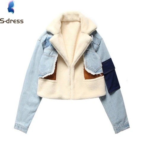 

2021 winter Coats new lambs wool liner thickened Patchwork Thick Warm short jacket cotton padded women's Denim splicing jacket